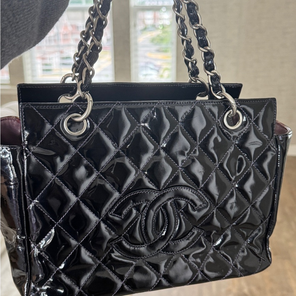 Authentic CHANEL Black Patent Quilted Timeless Tote